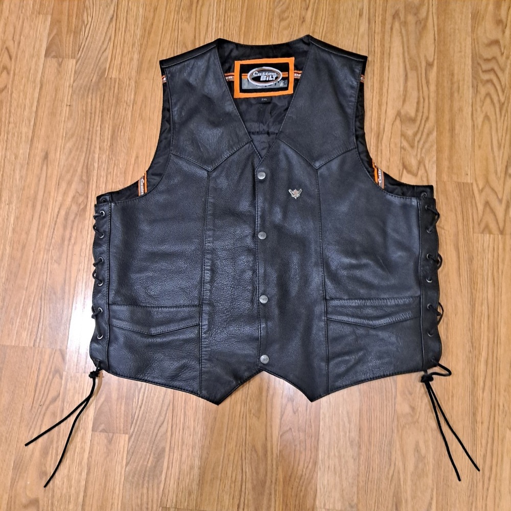 Custom Bilt Vest XL Black Button Down 100% Leather Biker Tie Sides W/Back Patch